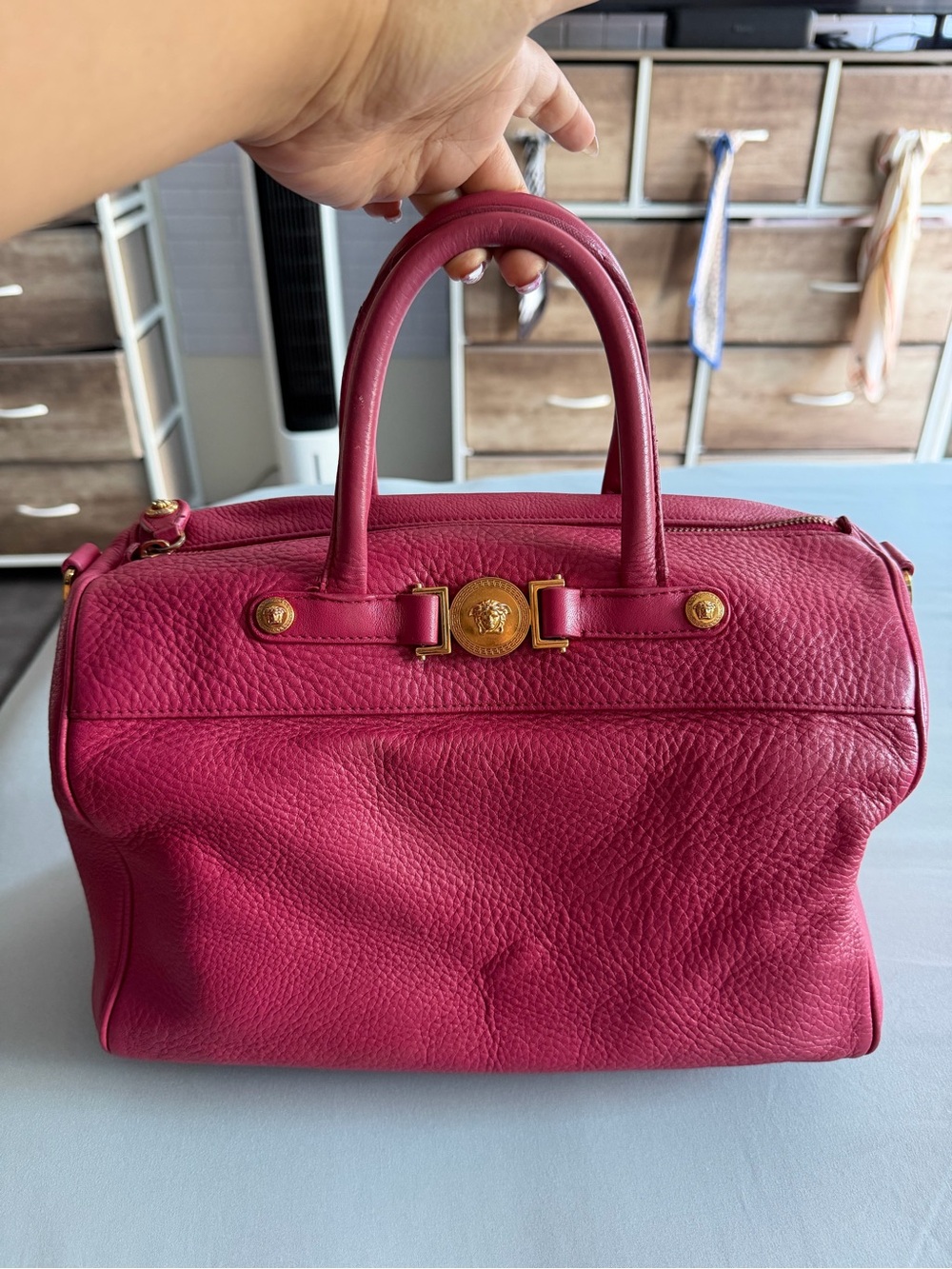 Versace Pink Pebbled Leather Satchel with Gold Medusa Hardware